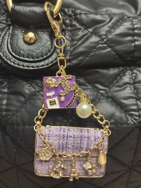 CC Chanel Bag Charm, Upcycled Chanel Purple Enamel Zipper Pull 5.25 inches